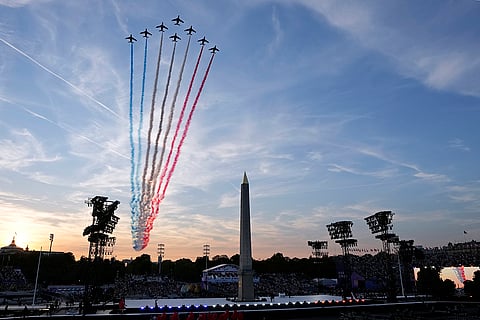 2024 Paralympics Opening Ceremony: Airplanes of the Patrouille de France fly over the Opening Ceremony